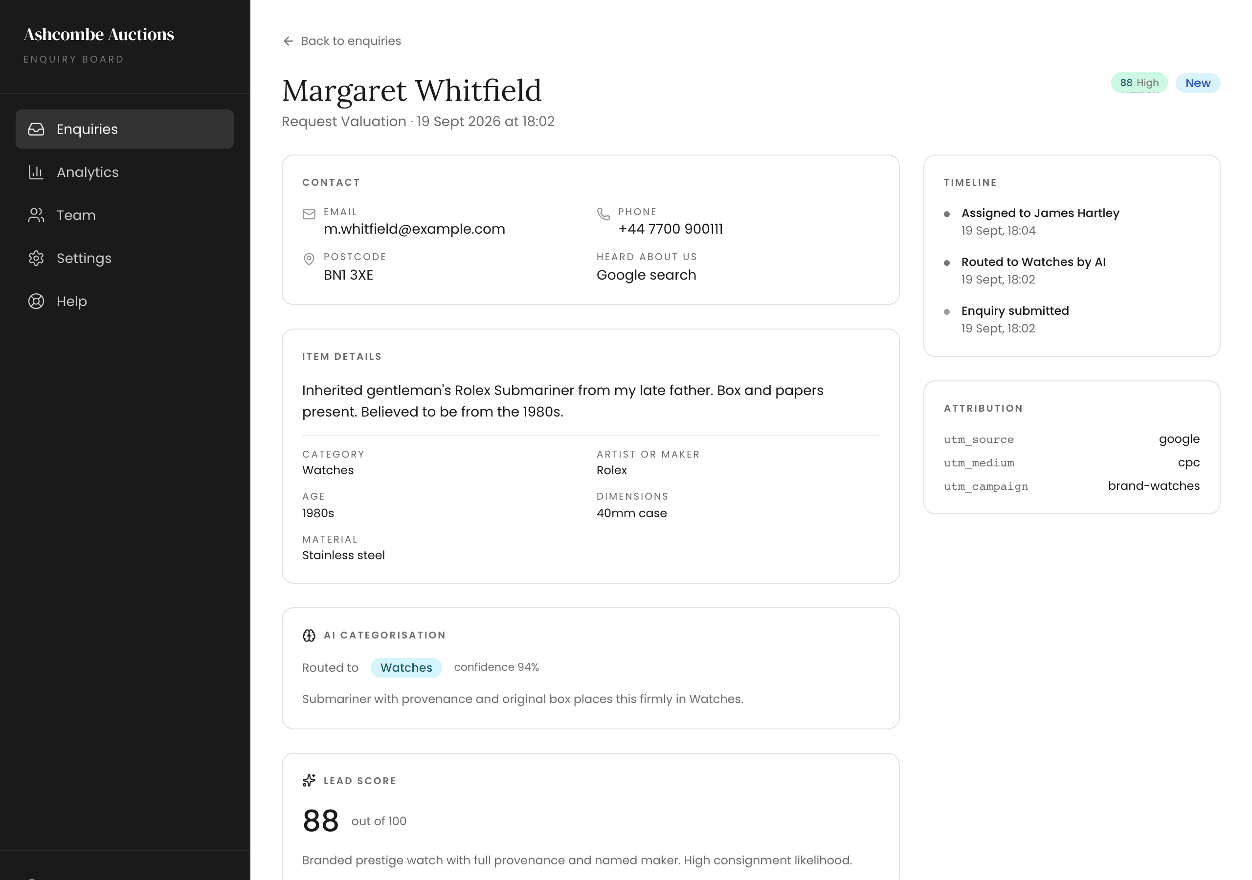 A single enquiry opened, with contact details, item details, AI routing and the timeline