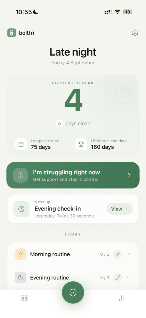The Boltfri home screen, with the current streak, longest streak and lifetime total, the support button and today's routines