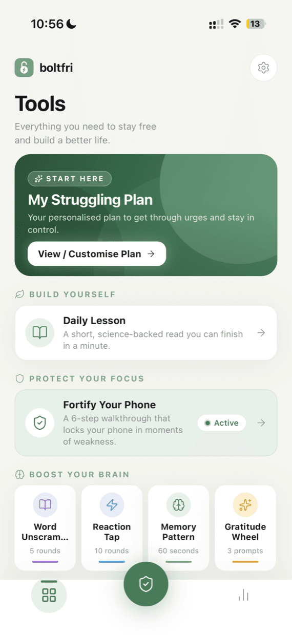 The Boltfri tools screen, with a personal plan, a daily lesson, phone controls and four focus games