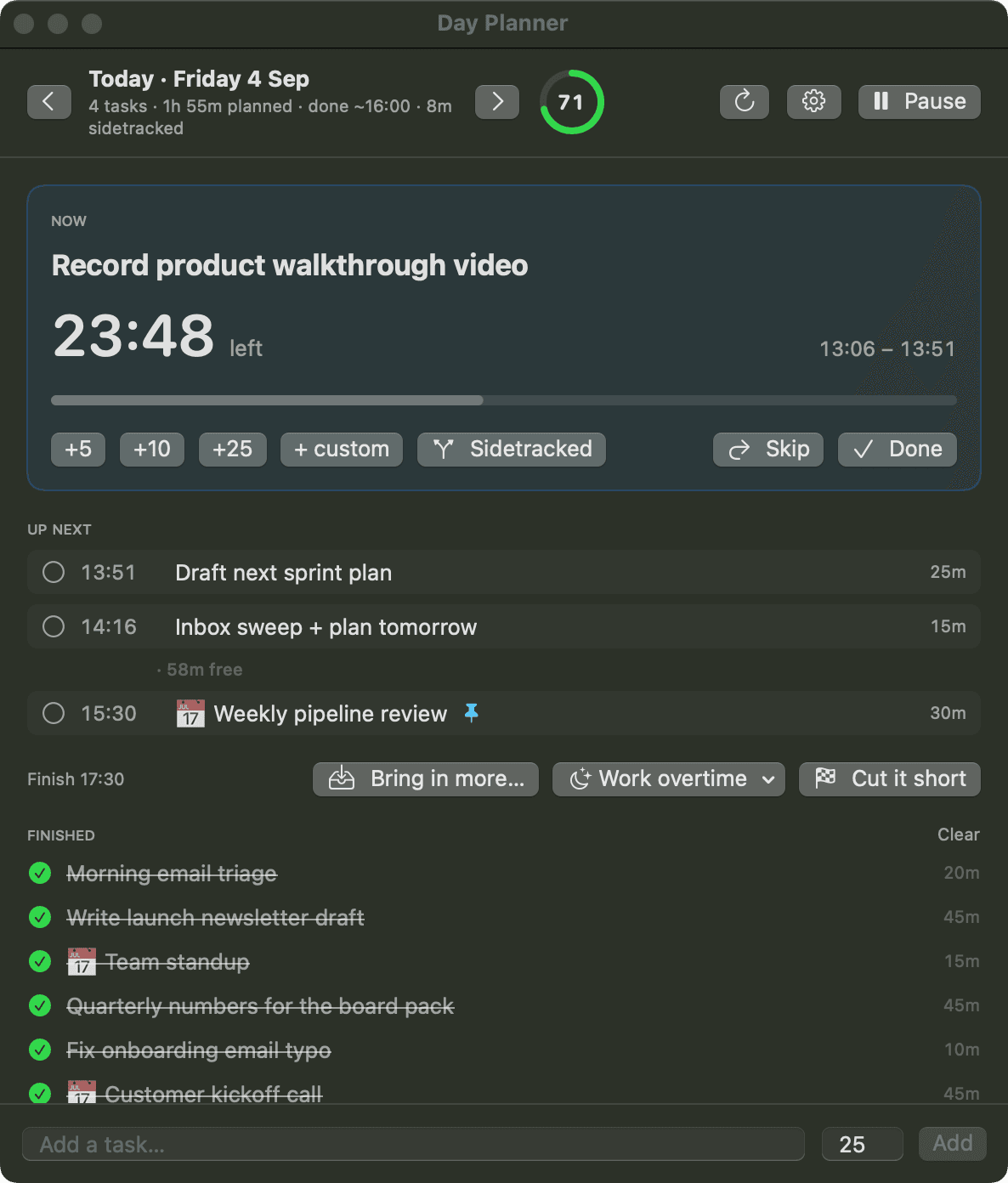 Day Planner mid-afternoon, one task counting down, meetings pinned, the productivity score live