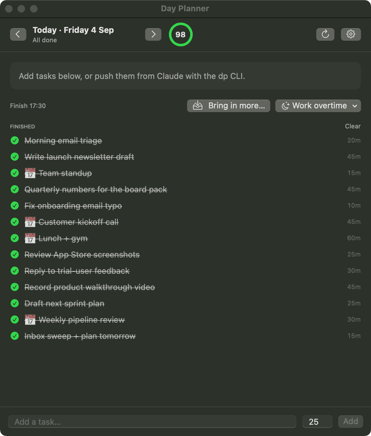 Day Planner at the end of the day, every task done and a productivity score of 98
