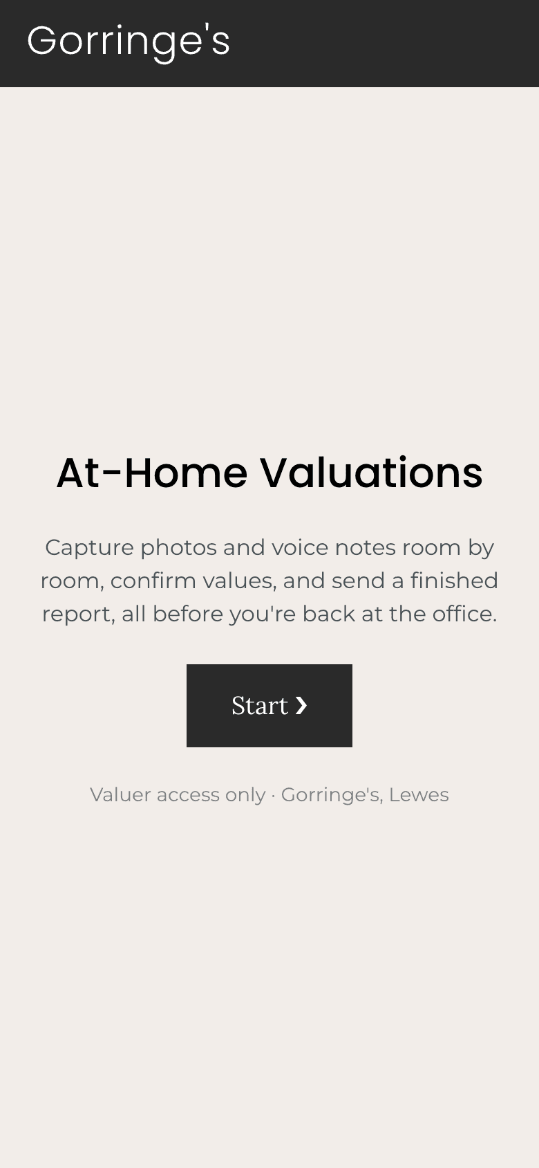 The Gorringe's At-Home Valuations app, start screen