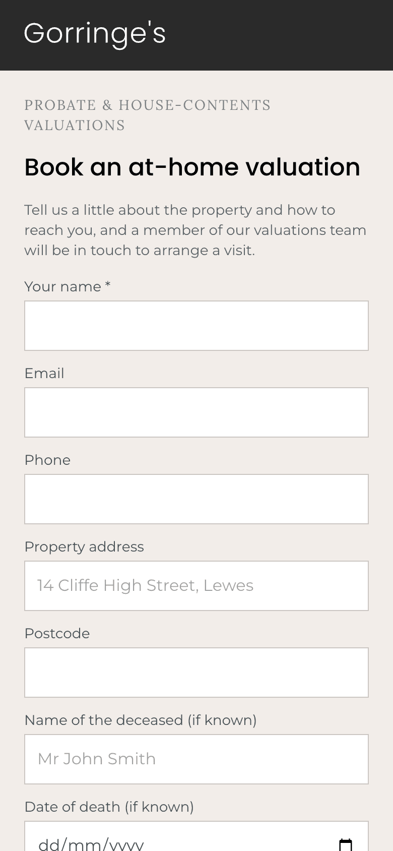 The booking form a family fills in to request an at-home valuation