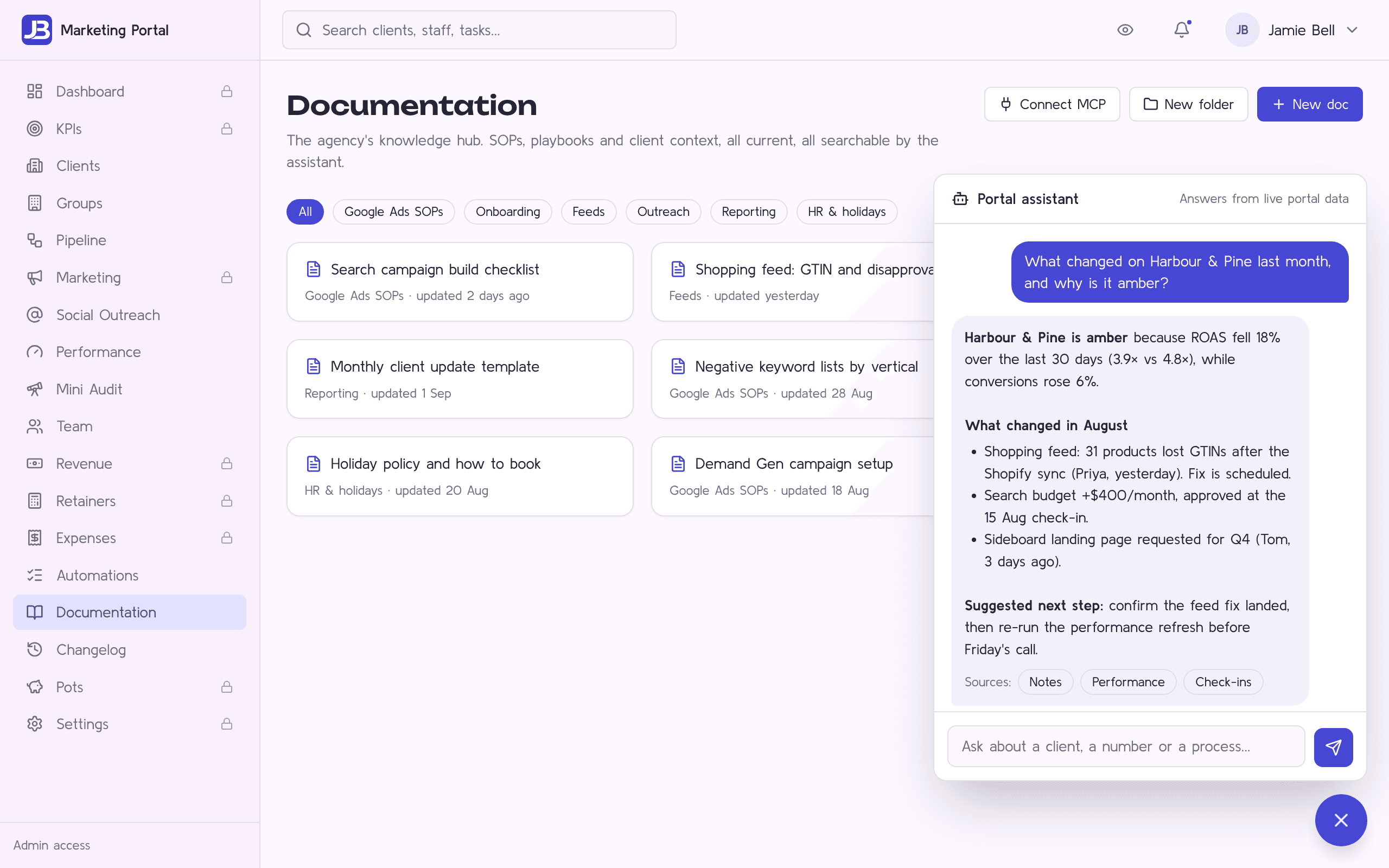 The documentation hub with the portal assistant open, answering a question about a client from live portal data