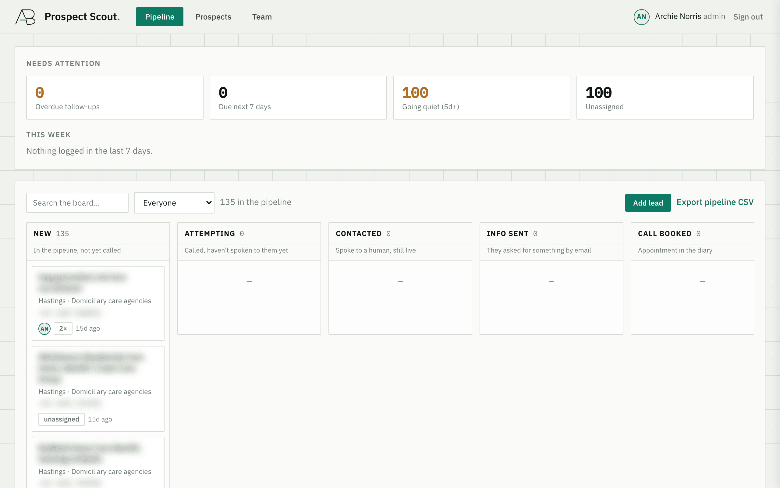 The Prospect Scout pipeline board, with a needs-attention strip above columns from New to Call Booked
