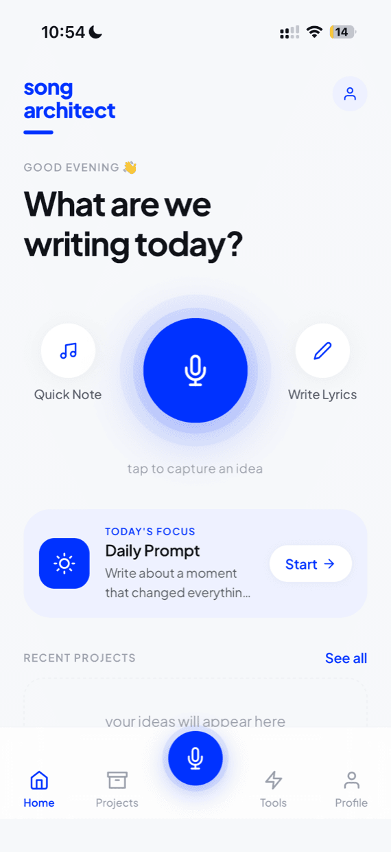 The Song Architect home screen, with a large record button, quick note and write lyrics shortcuts, and today's prompt