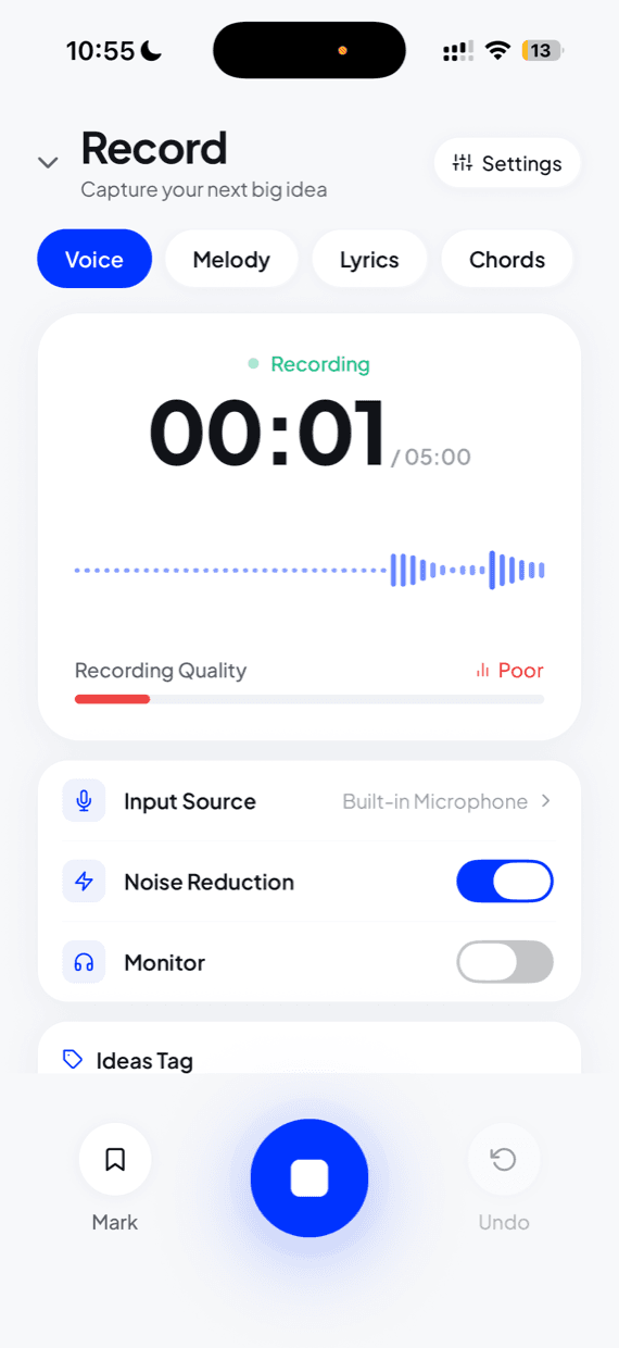 The record screen, capturing a voice idea with a live waveform and recording quality meter
