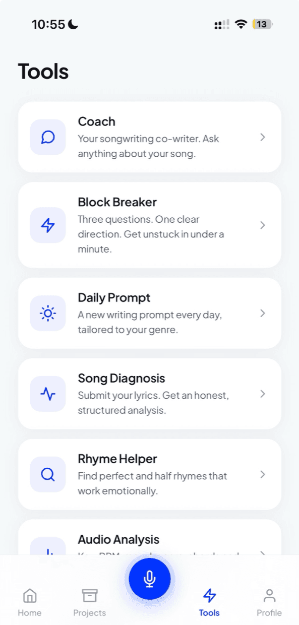 The tools screen, listing Coach, Block Breaker, Daily Prompt, Song Diagnosis, Rhyme Helper and Audio Analysis