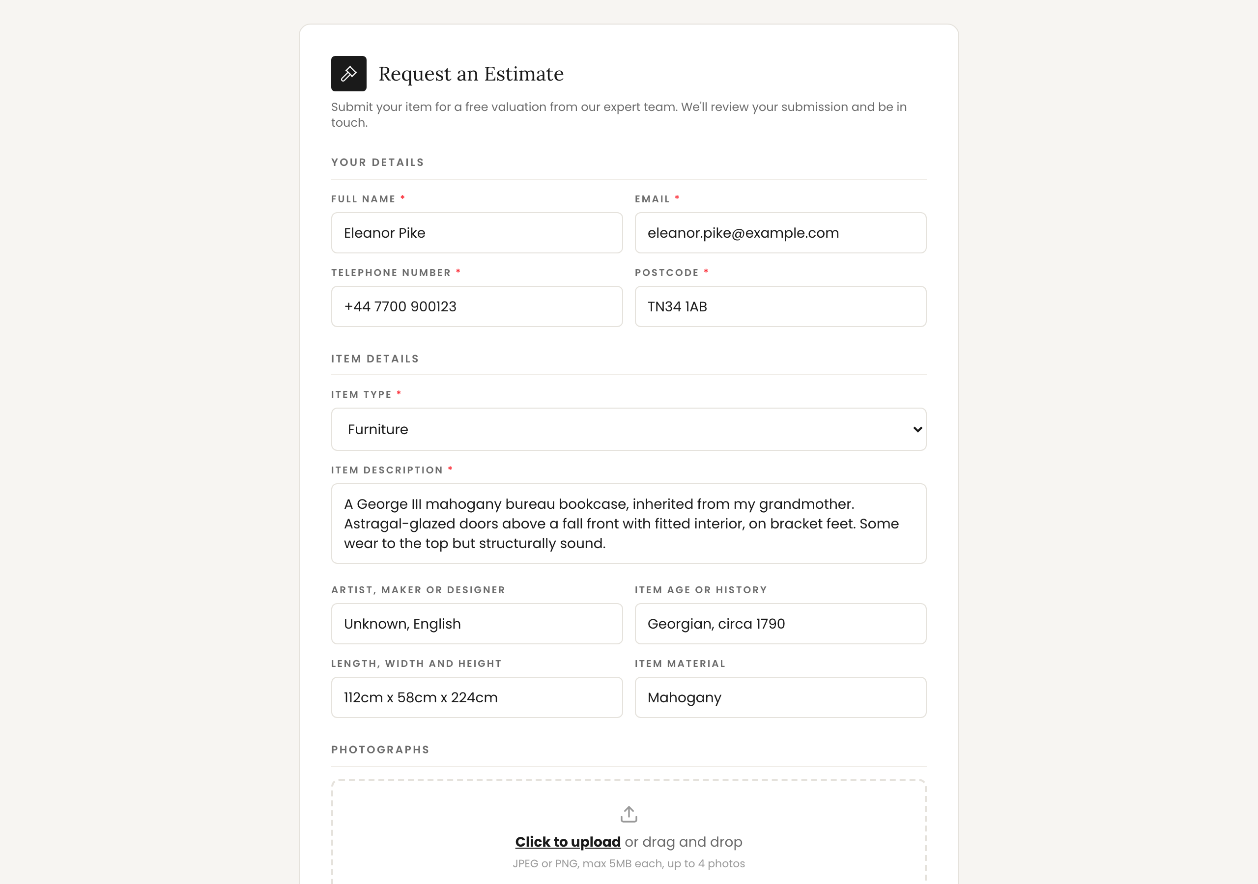The public enquiry form a buyer or seller fills in