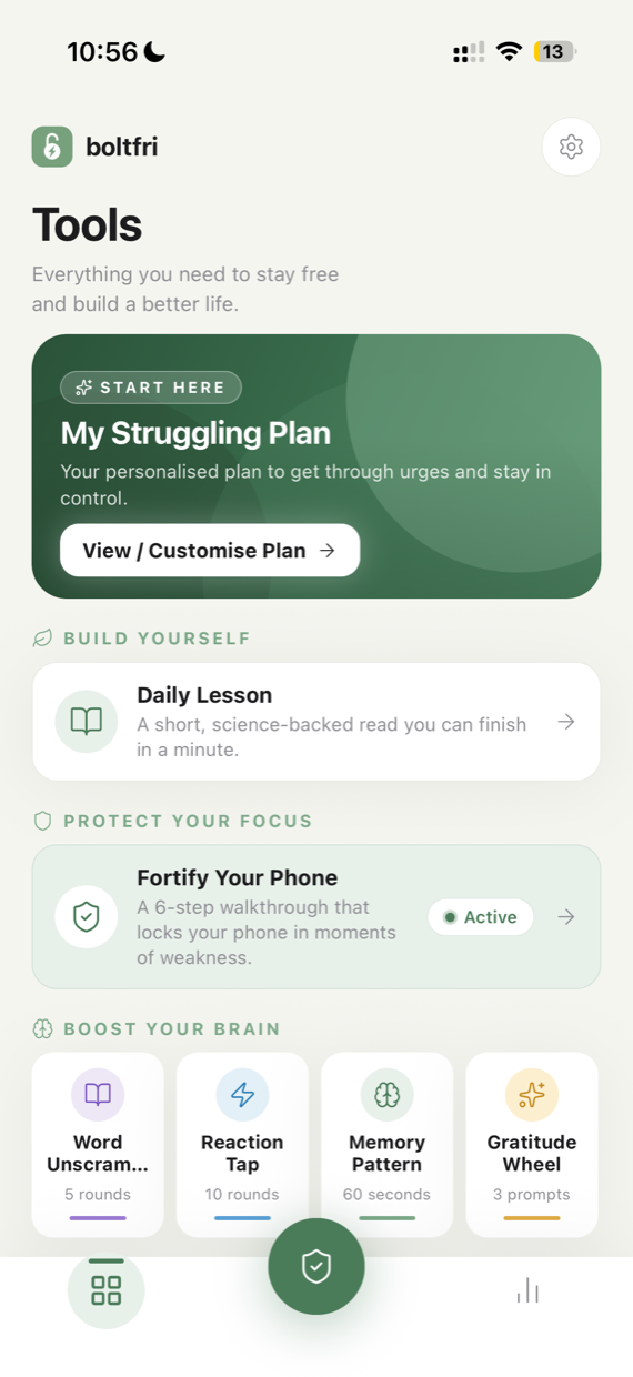 The Boltfri tools screen, with a personal plan, a daily lesson, phone controls and four focus games