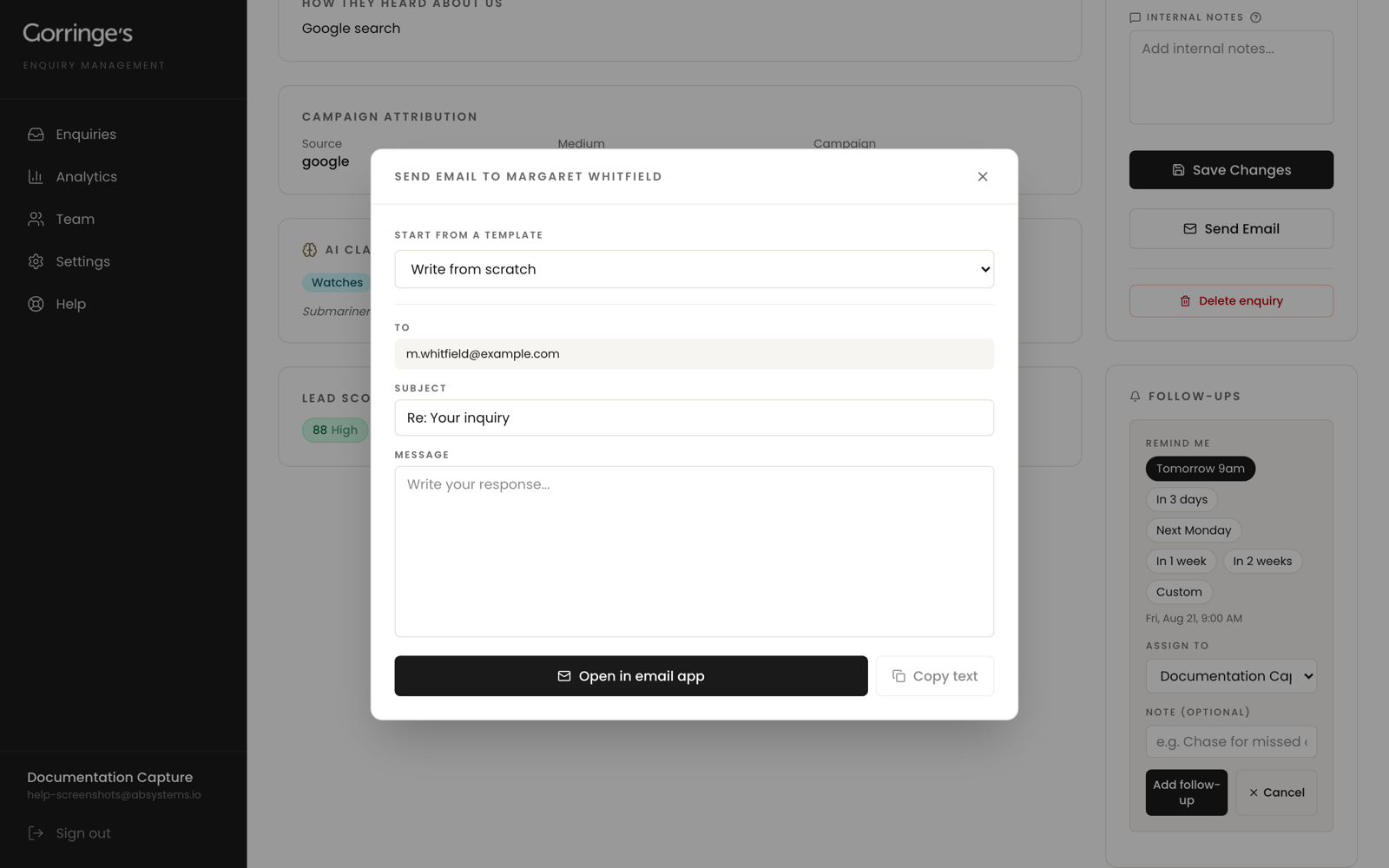 The compose window on an enquiry, with a template picker, next to the follow-ups panel with preset reminder times