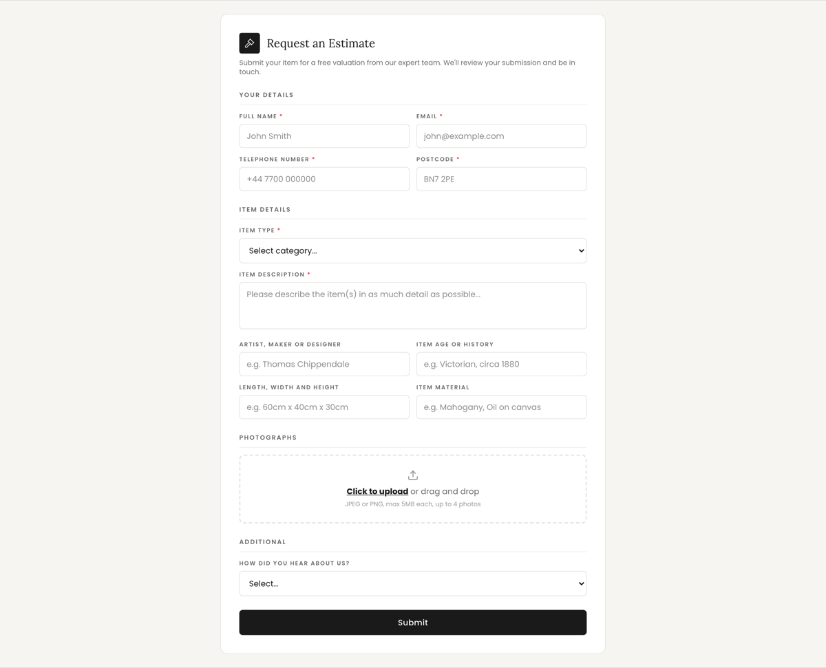 The embeddable enquiry form: contact details, item details, photograph upload and how did you hear about us