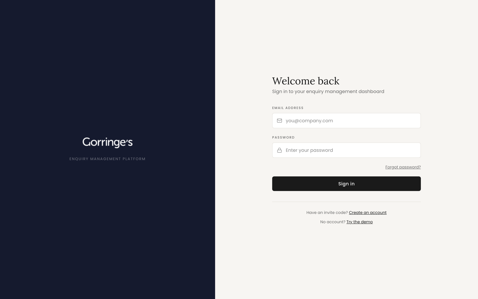 The Gorringe's branded sign-in screen for the enquiry management platform