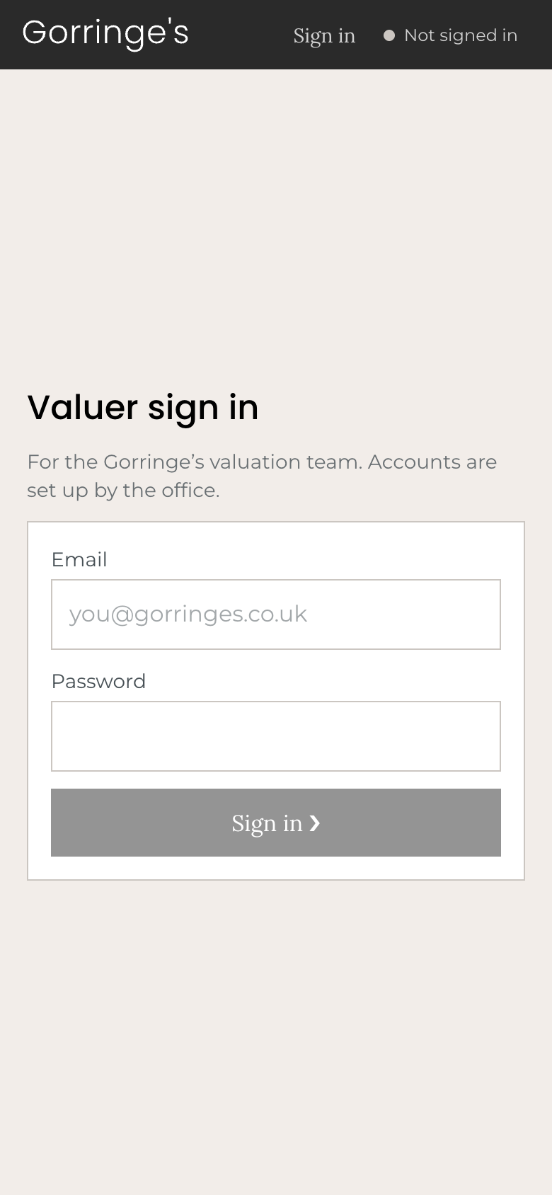 The valuer sign-in screen