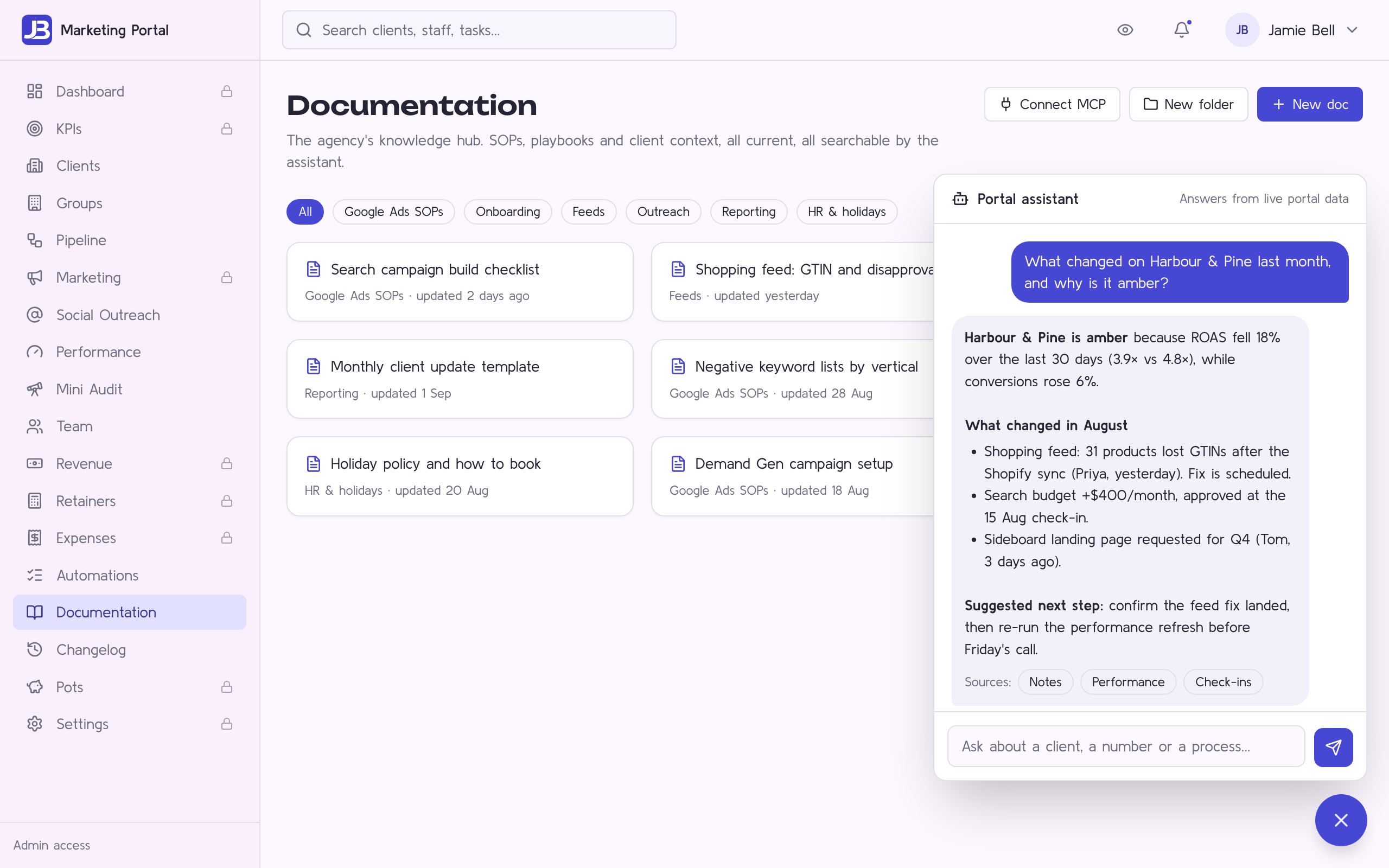 The documentation hub with the portal assistant open, answering a question about a client from live portal data