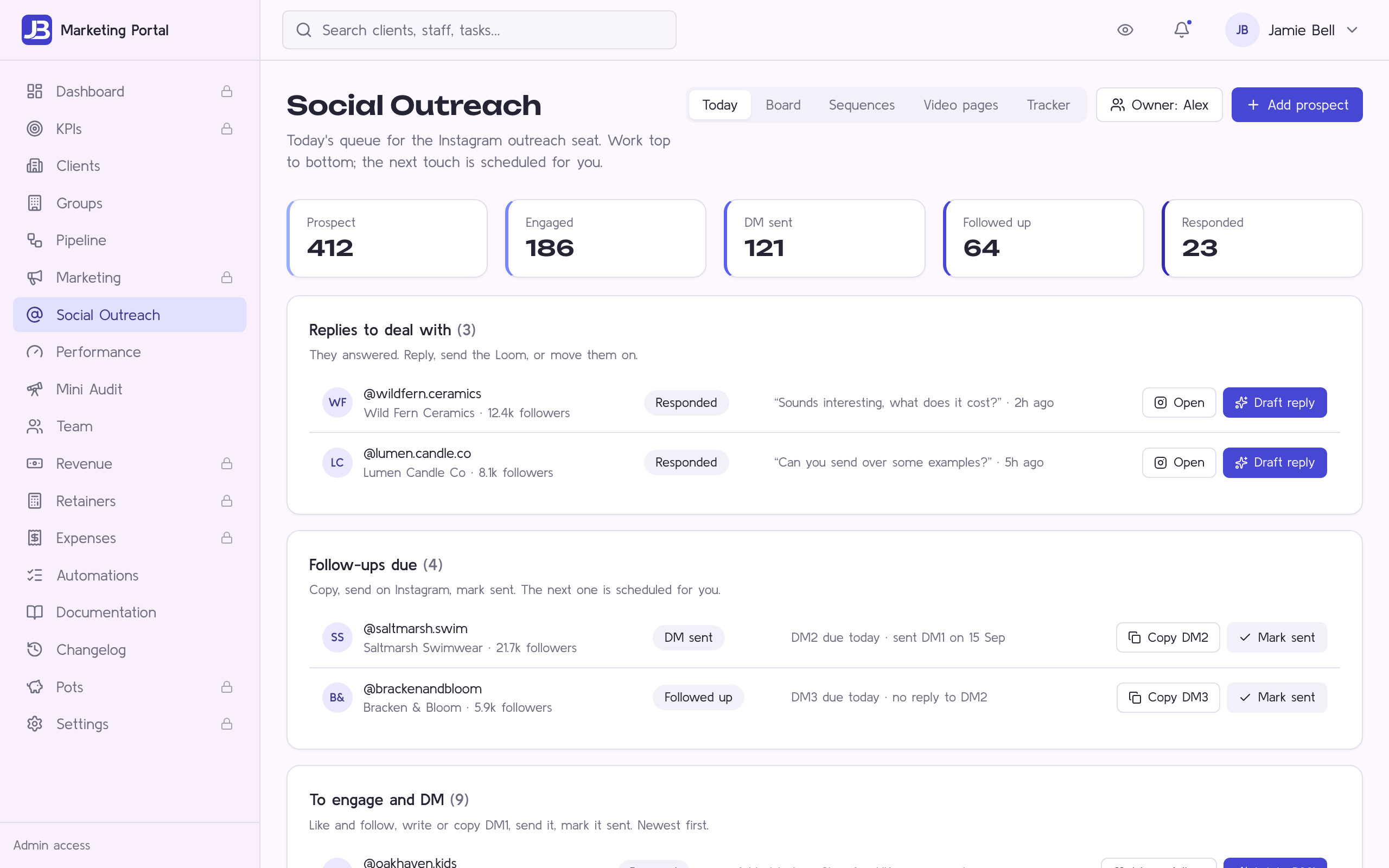 The Social Outreach daily queue, with replies to deal with, follow-ups due and prospects to engage