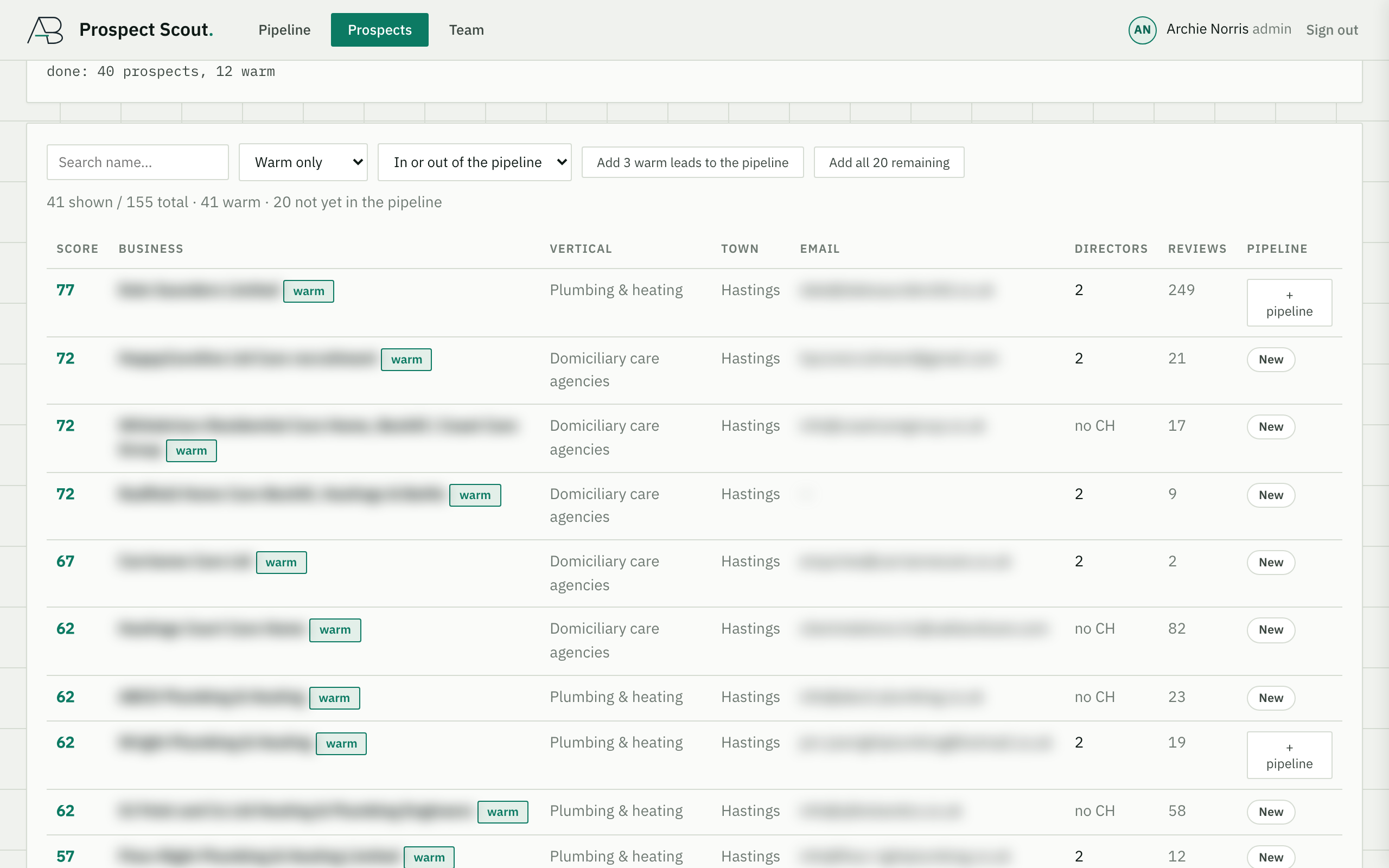 The research table, each business scored and marked warm, with vertical, town, Companies House directors and review count