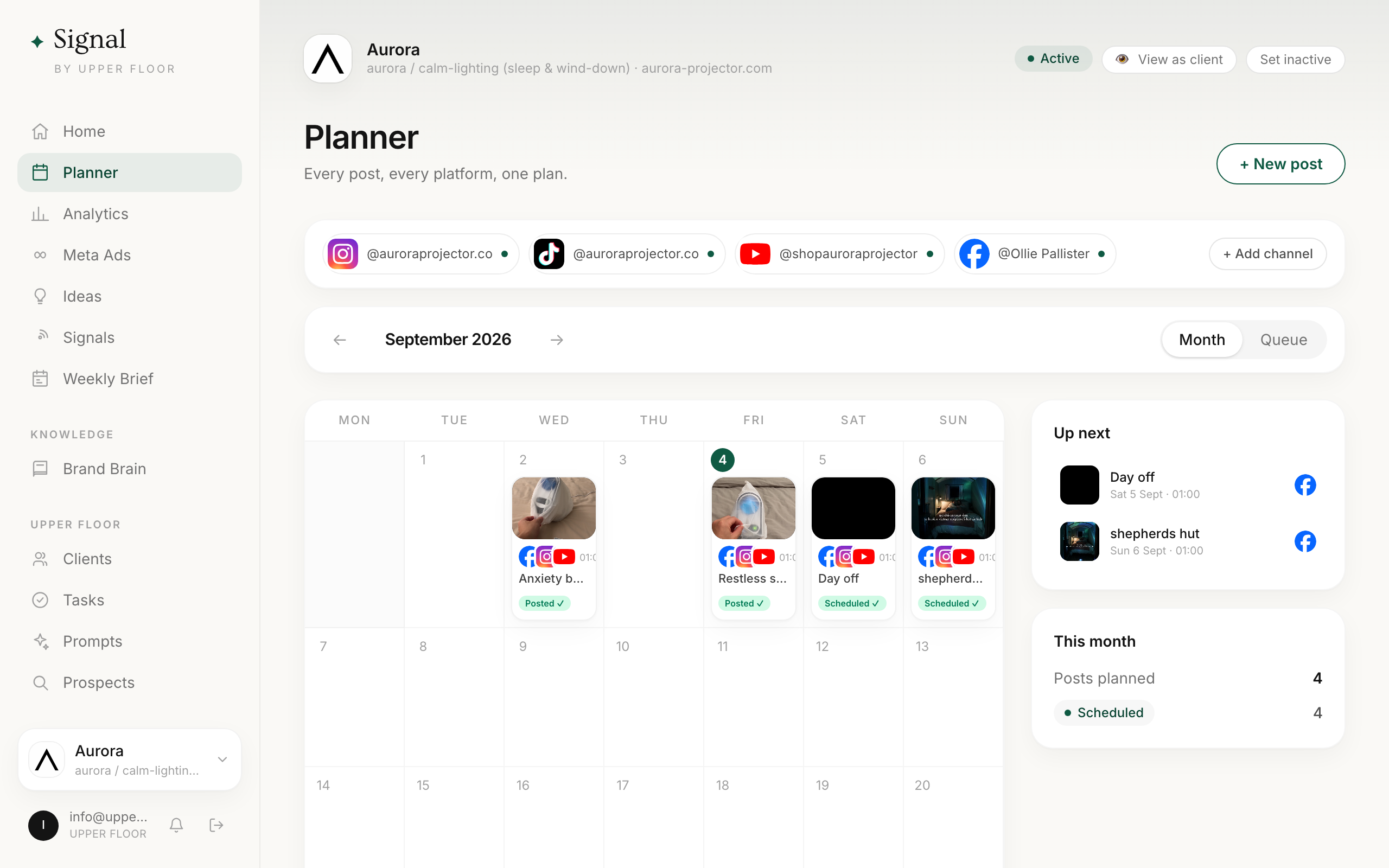 The Signal planner, a month view of scheduled posts across Instagram, TikTok, YouTube and Facebook