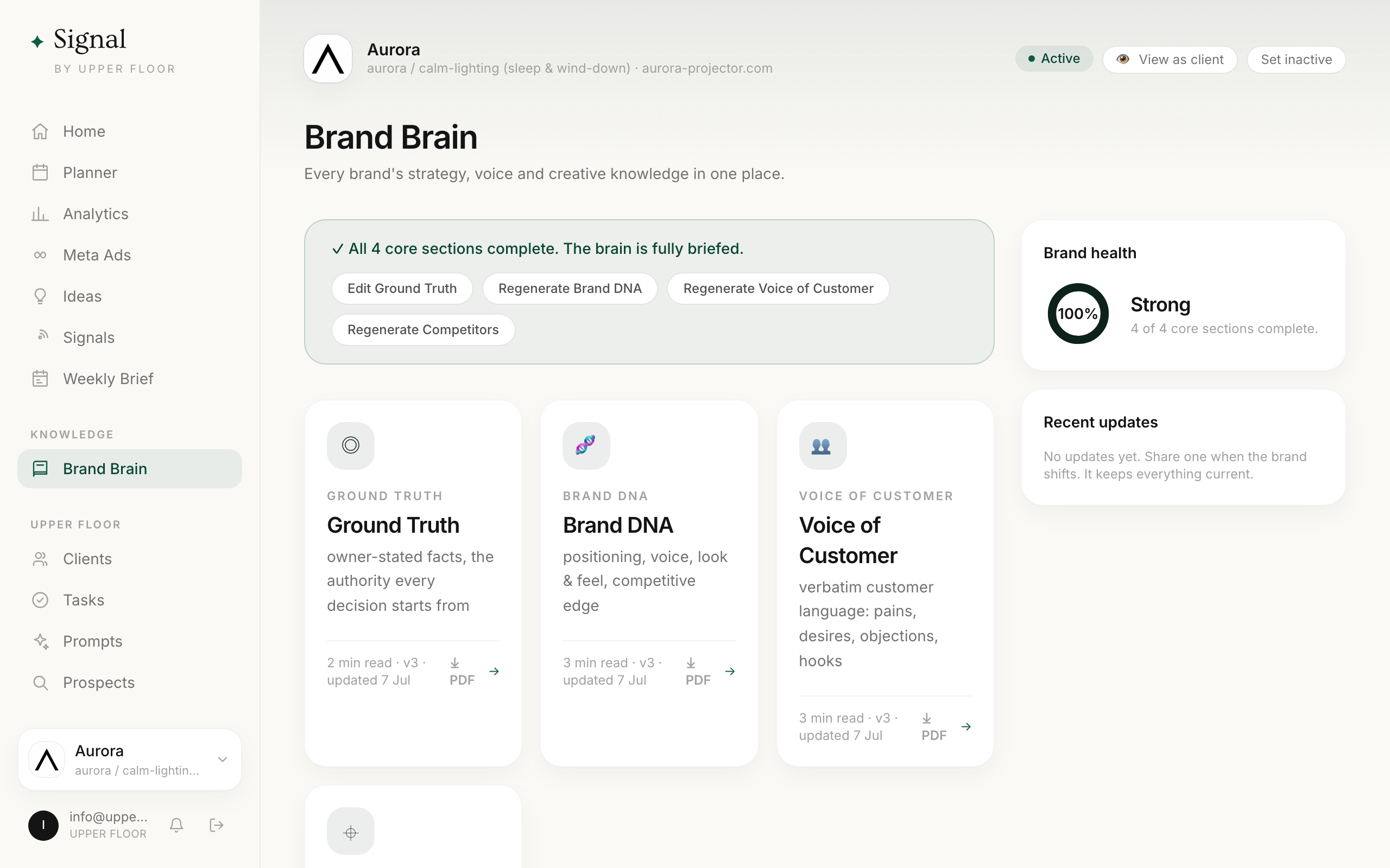 The Brand Brain, with Ground Truth, Brand DNA and Voice of Customer documents complete