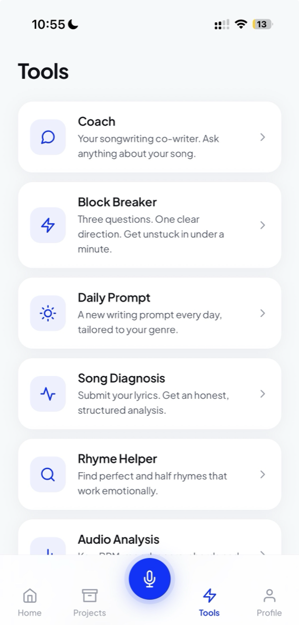 The tools screen, listing Coach, Block Breaker, Daily Prompt, Song Diagnosis, Rhyme Helper and Audio Analysis