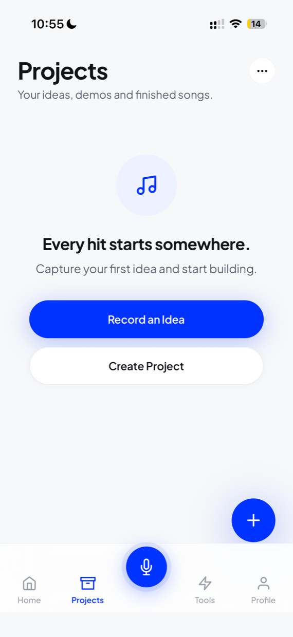 The projects screen before any idea has been captured