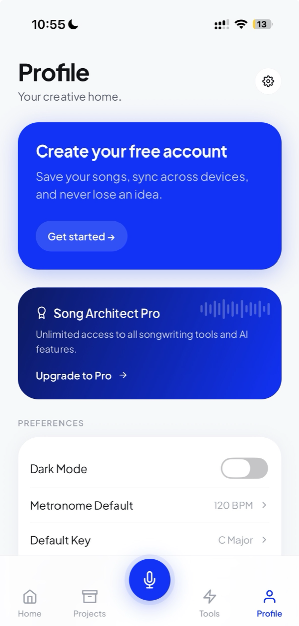 The profile screen, with the free account and Pro upgrade cards and preferences