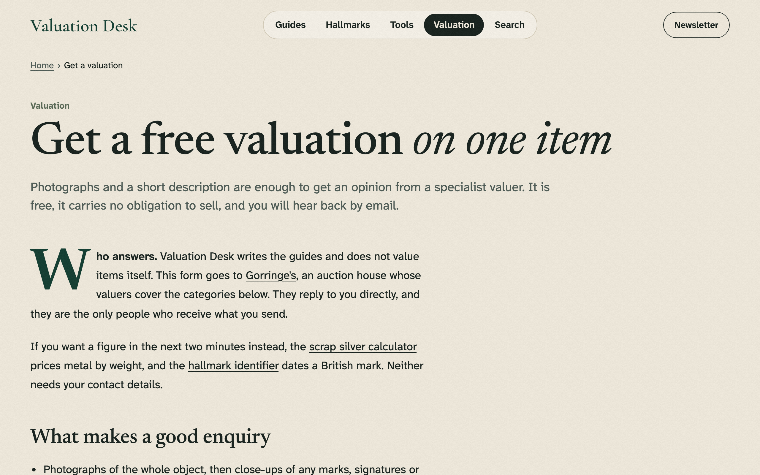The free valuation page, explaining that the request goes to a partner auction house whose valuers reply directly