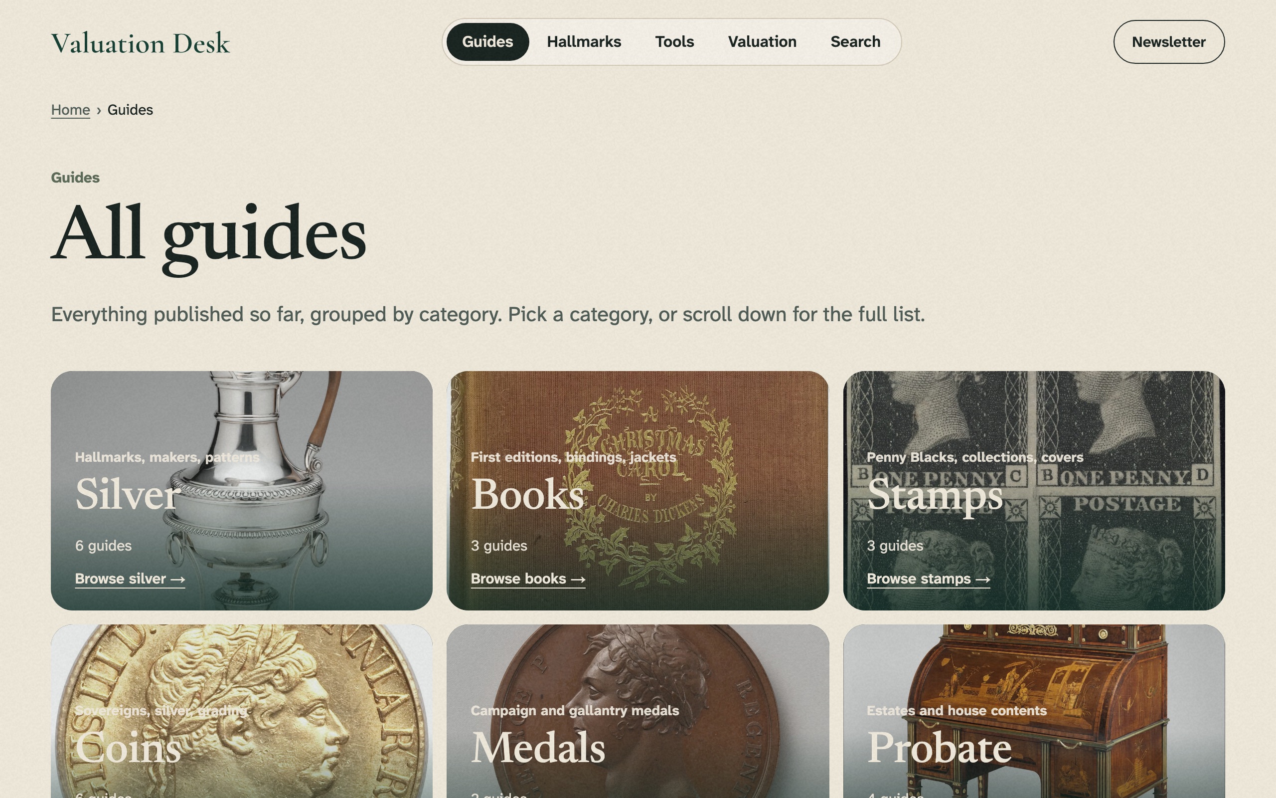 The guides index, with category cards for silver, books and stamps